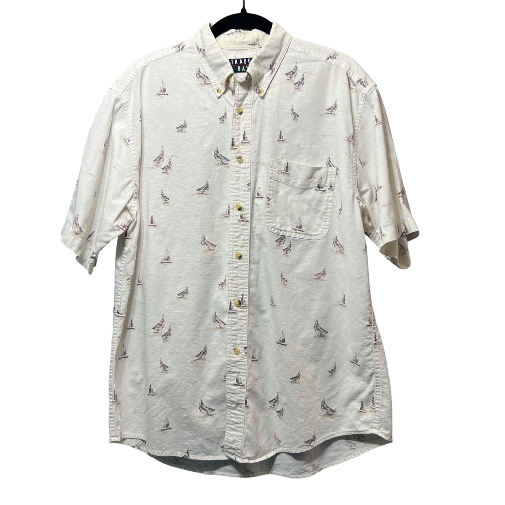 Vintage Trader Bay Sailboat Linen Blend Shirt Men M 90s Nautical‎ Coastal